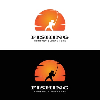 fishing logo icon vector, catch fish on the boat, outdoor sunset silhouette design vector