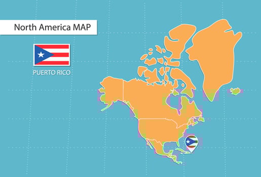 Puerto Rico map in America, icons showing Puerto Rico location and flags. vector