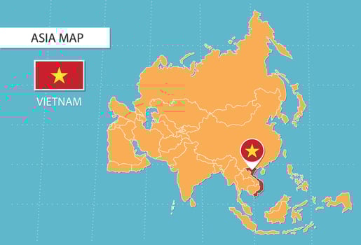 Vietnam map in Asia, icons showing Vietnam location and flags. vector