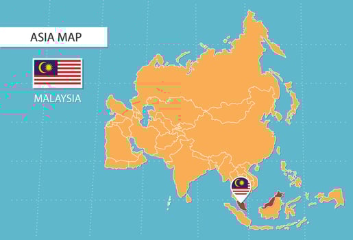 Malaysia map in Asia, icons showing Malaysia location and flags. vector