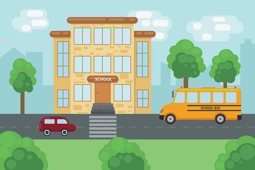 A bright summer illustration depicting a school building with a road near the school. A car and a school bus are driving along the road. There are green trees and grass around the school. Vector