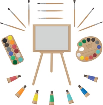 A large set for artists consisting of paints, brushes, an easel, a palette for mixing paints and paints in tubes. A school drawing kit. Canvas for creativity. Vector illustration.