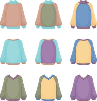 A large set with the image of warm knitted sweaters of various colors and shapes. Insulated sweaters for walking in cold autumn weather. Warm clothes for cold weather. Vector illustration