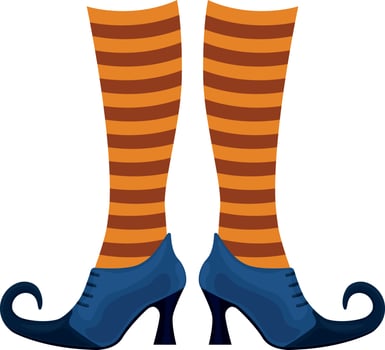 Witch boots of lilac color with pointed noses in striped orange socks. The witch s shoes, a symbol of Halloween. Vector illustration isolated on a white background
