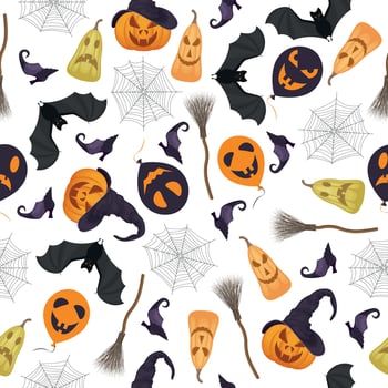 A bright, seamless pattern featuring Halloween symbols such as.bat, pumpkin, broom, spider web, witch shoes and balloons.The Halloween symbol for the print. Vector illustration