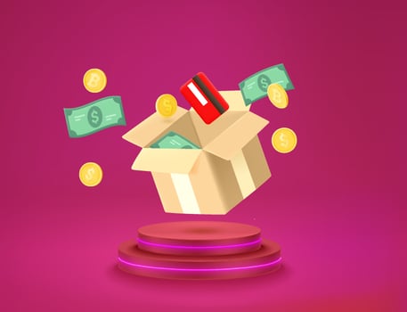 Currency flying out the box. Vector 3d illustration