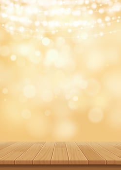 Bokeh gold glitter with wood for product on abstract christmas background. vector