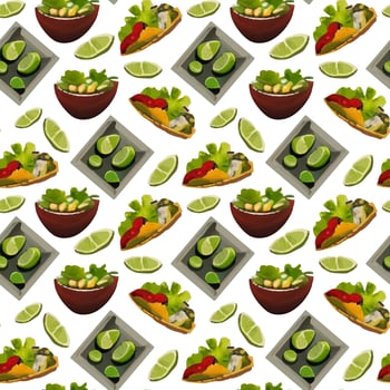 Pattern with Mexican traditional dishes. Taco, burrito, lime. Seamless pattern in cartoon style. vector