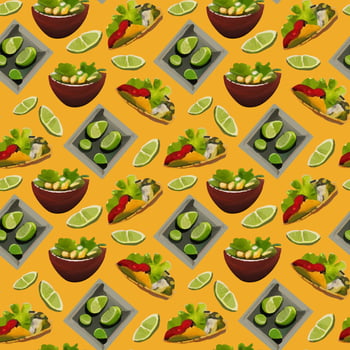 Pattern with Mexican traditional dishes. Taco, burrito, lime. Seamless pattern in cartoon style. vector
