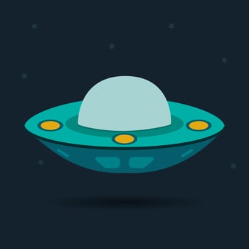 badge, sticker, illustration with flying saucer, UFO on dark background with stars vector