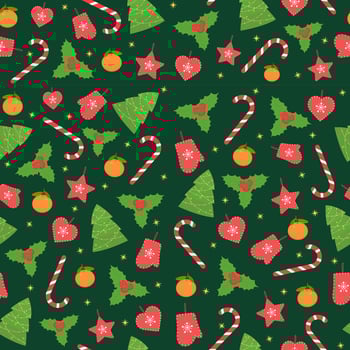 Christmas pattern. Seamless holiday background with christmas trees, candies, holly mistletoe. vector