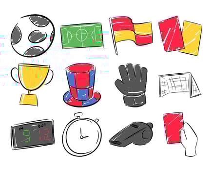soccer icon set. concept of sports, football, equipment, etc. hand drawn vector illustration.