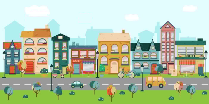Minimal style town. Geometric minimalist city, daytime cityscape and night townscape. Geometrical residential houses vector