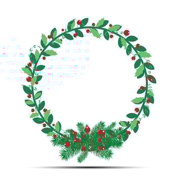 New year and Christmas wreath. Traditional winter with red holly berries on evergreen green branches, isolated on white background. Greeting card. Happy xmas vector retro holiday design