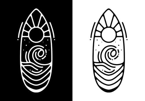Big sun and wave inside surfing board Black and white line art mono line tattoo vector
