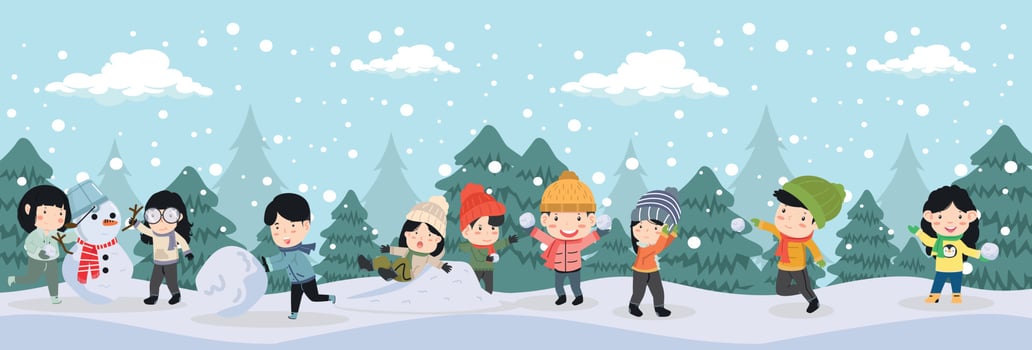 kids playing snowball fight with trees and falling snow poster vector