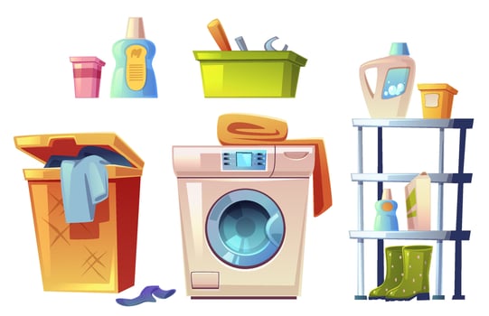 Laundry equipment, bathroom stuff vector set.