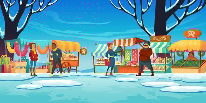 Christmas market with stalls sellers and customers vector