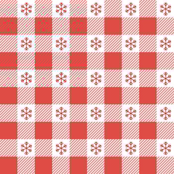 Checkered Christmas pattern with snowflakes. Seamless red gingham background. Scandinavian winter vichy backdrop. Vector holiday print
