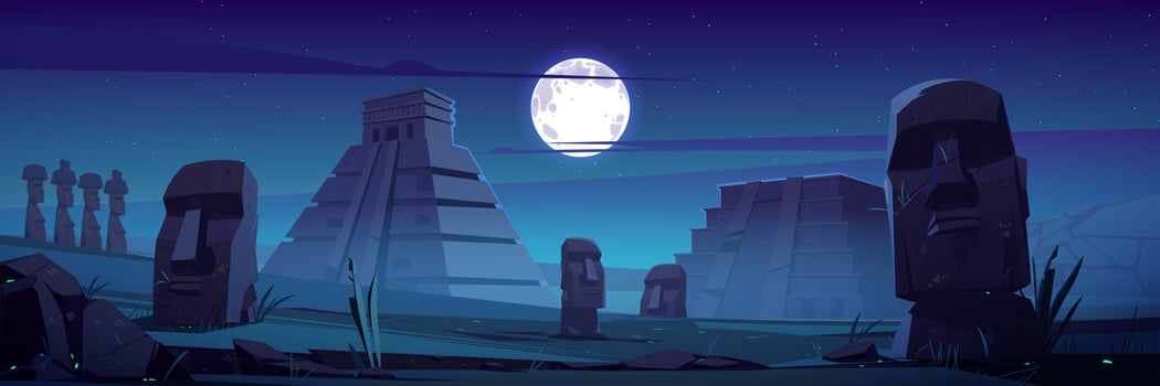 Moai statues and pyramids at night famous landmark vector