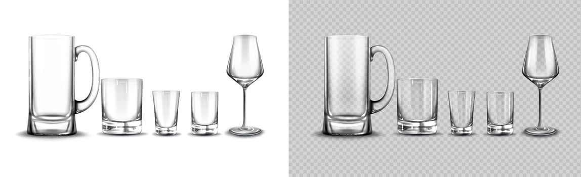 Set of glasses for tequila, whisky, beer and wine vector
