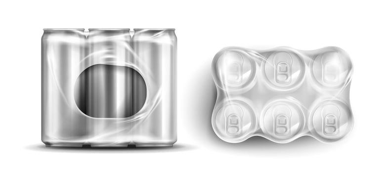 Tin cans in plastic wrap, six soda or beer jars vector