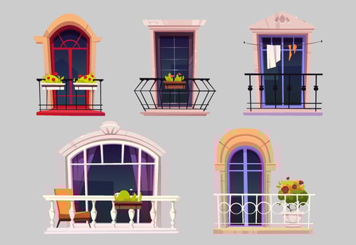 Balconies with glass windows, fence and flowers vector