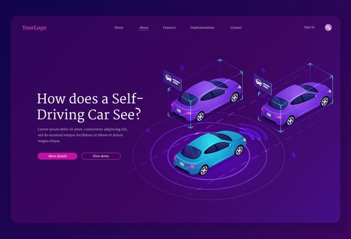 Self driving car isometric landing page, vehicle vector