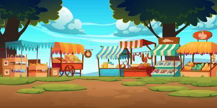 Food market wooden stalls, traditional marketplace vector