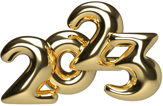 Gold numbers 2023 in elegant style with reflection. Realistic 3d sign. New Year event symbol. 3d render png