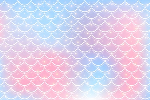 Mermaid scale pattern on watercolor background. Fish tale skin texture for banner, invitation. Pink-blue magic gradient for abstract backdrop. Vector kawaii wallpaper.