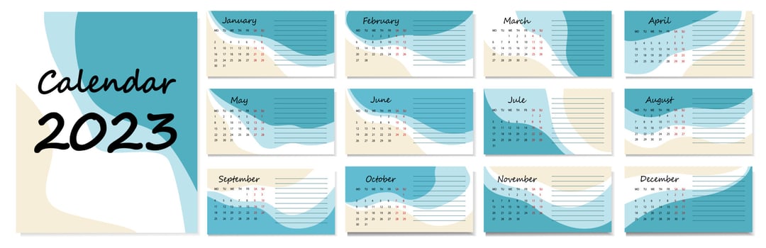 Horizontal vector calendar, abstract design. Calendar for 2023 on a white background for organizations and businesses. Form for tasks. The week starts on Monday.
