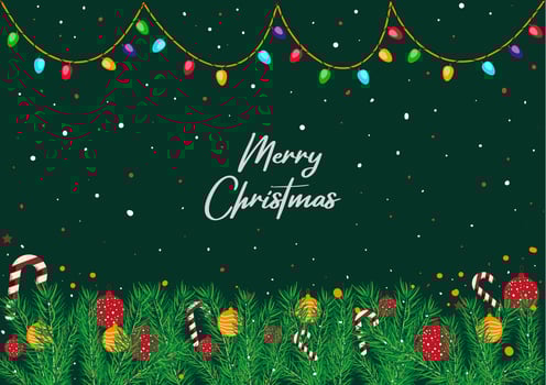 Christmas background with Christmas tree branches Christmas lights balls candy and snowflakes vector