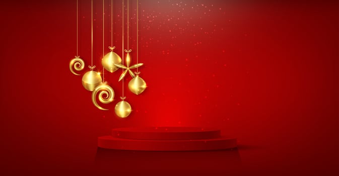 3D Christmas podium, New Year party, gold baubles with product display cylindrical shape, golden festive decoration for the holidays. Luxury template, vector isolated on red background