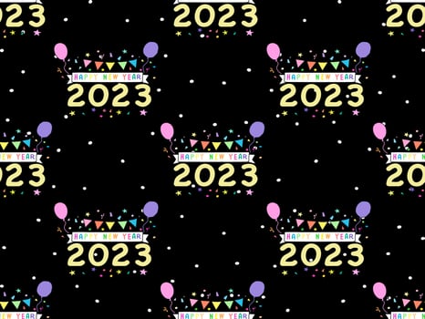 Happy New Year cartoon character seamless pattern on black background vector