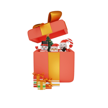 3d rendering of santa appearing in a big box with snowman png