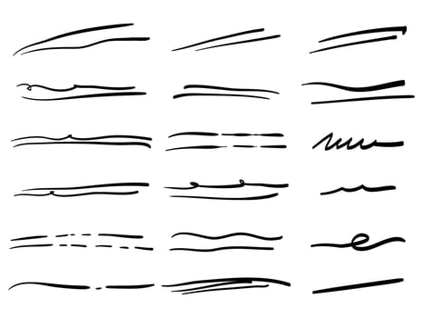 Hand drawn set of underline, curly swishes, swashes, swoops. swirl, signature. Highlight text elements. doodle vector illustration