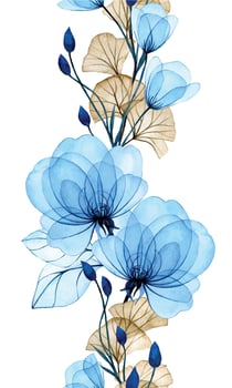 Seamless watercolor border with transparent rose flowers and gingko leaves. gentle pattern with blue flowers. x-ray vector