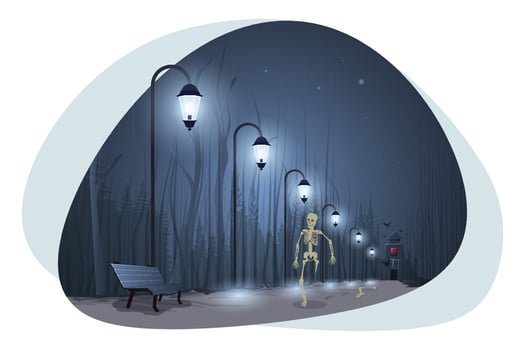 Halloween skeleton walking on street vector illustration