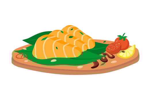 Salmon sashimi on a round wooden plate. vector illustration