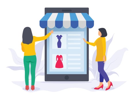 Girls doing online shopping vector