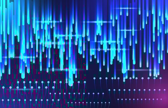 Technology power rain galaxy background with meteor shower. Shooting stars. Sci-fi galaxy. Abstract vertical line beams fiber optics. Geometric neon blue light particles. Technology lines movement. vector