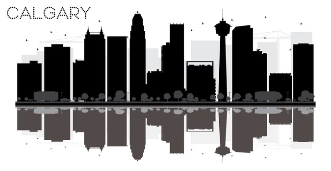 Calgary City skyline black and white silhouette with reflections. vector