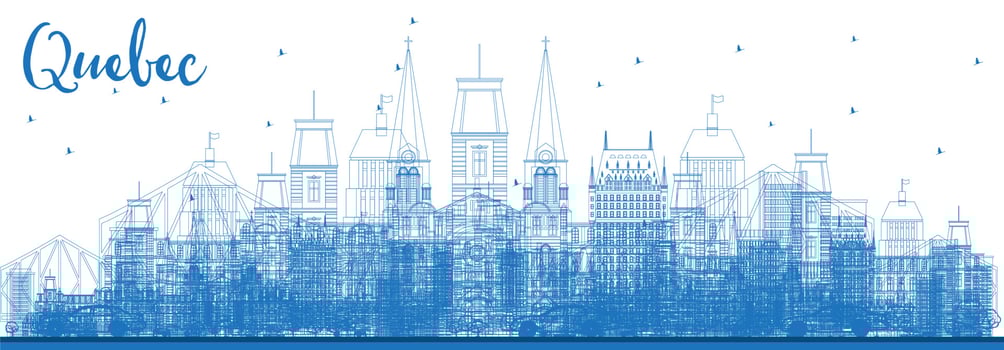 Outline Quebec Skyline with Blue Buildings. vector