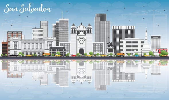 San Salvador Skyline with Gray Buildings, Blue Sky and Reflections. vector
