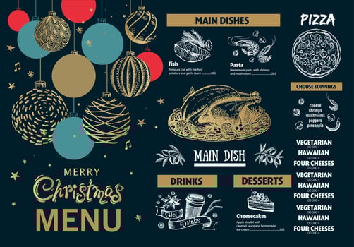 Christmas menu, template, Hand drawn illustration. vector