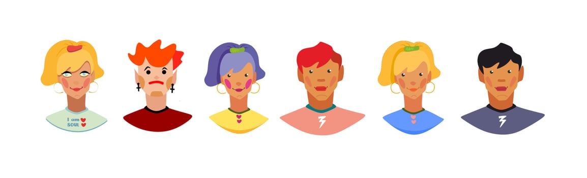 Six teenage characters with different hairstyles, skin color. Bright, cartoon portraits.Icons of people, flat style. Cute faces of children. Multicolored hair. Stylish, beautiful characters. Avatars vector