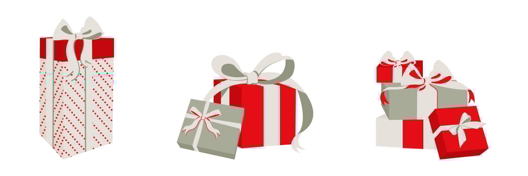 Vector set of a gift box with a ribbon with Christmas, New Year, wedding, and holiday symbols.