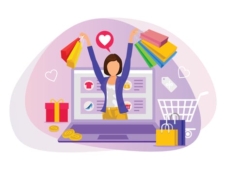 Woman with shopping bags in her hand doing online shopping illustration. vector