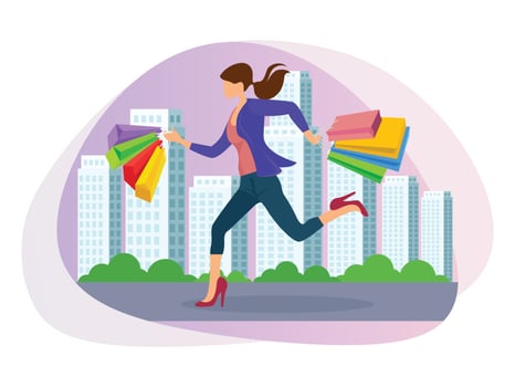 Woman running with shopping bags in her hand illustration. vector